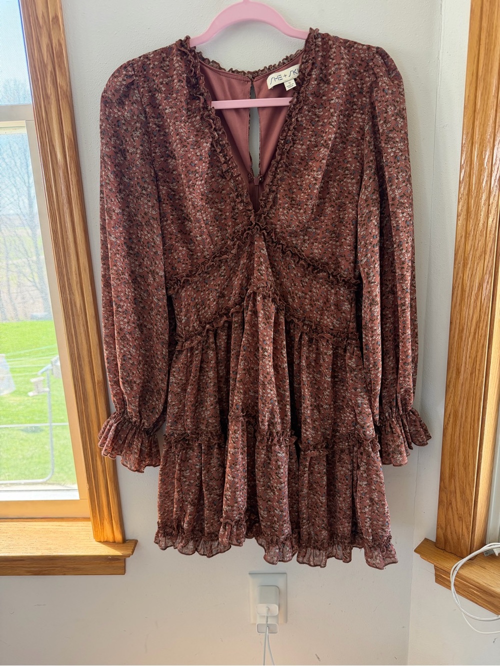 She + Sky Burgundy Floral Ruffle Long-Sleeve Mini Dress